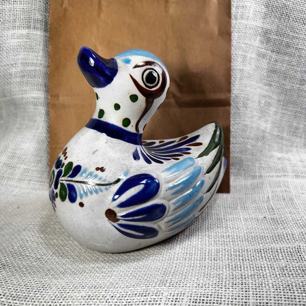 Vintage Mexican Tonala Pottery Duck Bird Figurine Hand Painted Folk Art Mexico